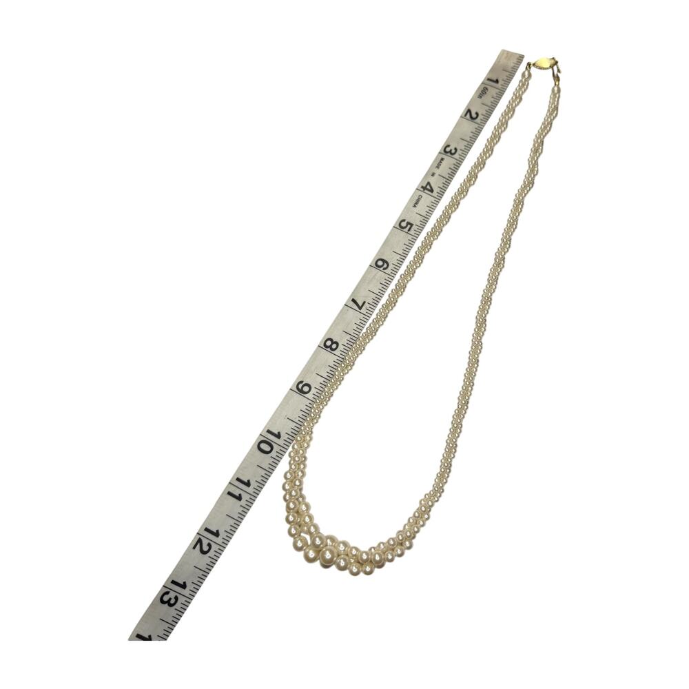 Two Strand Graduated Faux Pearl Necklace Gold Filigree Clasp - Picture 5 of 6